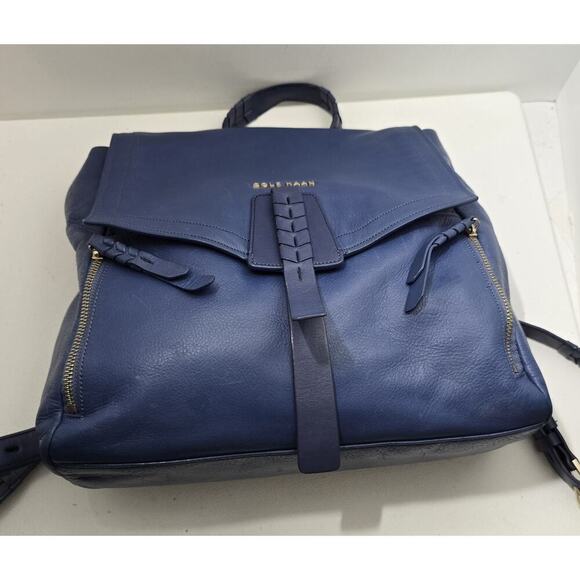 Cole Haan Felicity Pebbled Leather Backpack Multi Pocket & Woven Zip Detail Blue - Picture 10 of 14